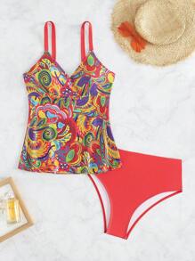 Swim Lushoire Tankini de traje de baño con top de tirantes con estampado floral y Bottom sólida para verano y playa