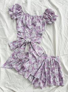 Soleia 女士复古紫色碎花泡泡袖后系蝴蝶结短款上衣和裙子套装，派对/度假休闲装 - 彩色 - 查看 4