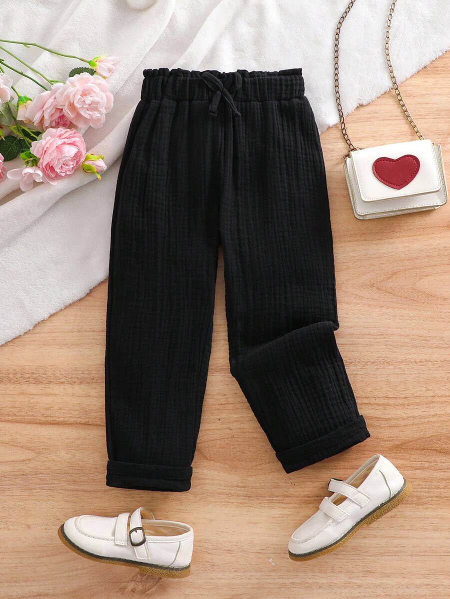 SHEIN Young Girl Casual Versatile Pleated Waist Bow Accent Black Pants. Suitable For Spring, Summer, Autumn, And Winter, Suitable For Casual Occasions - Black - View 1
