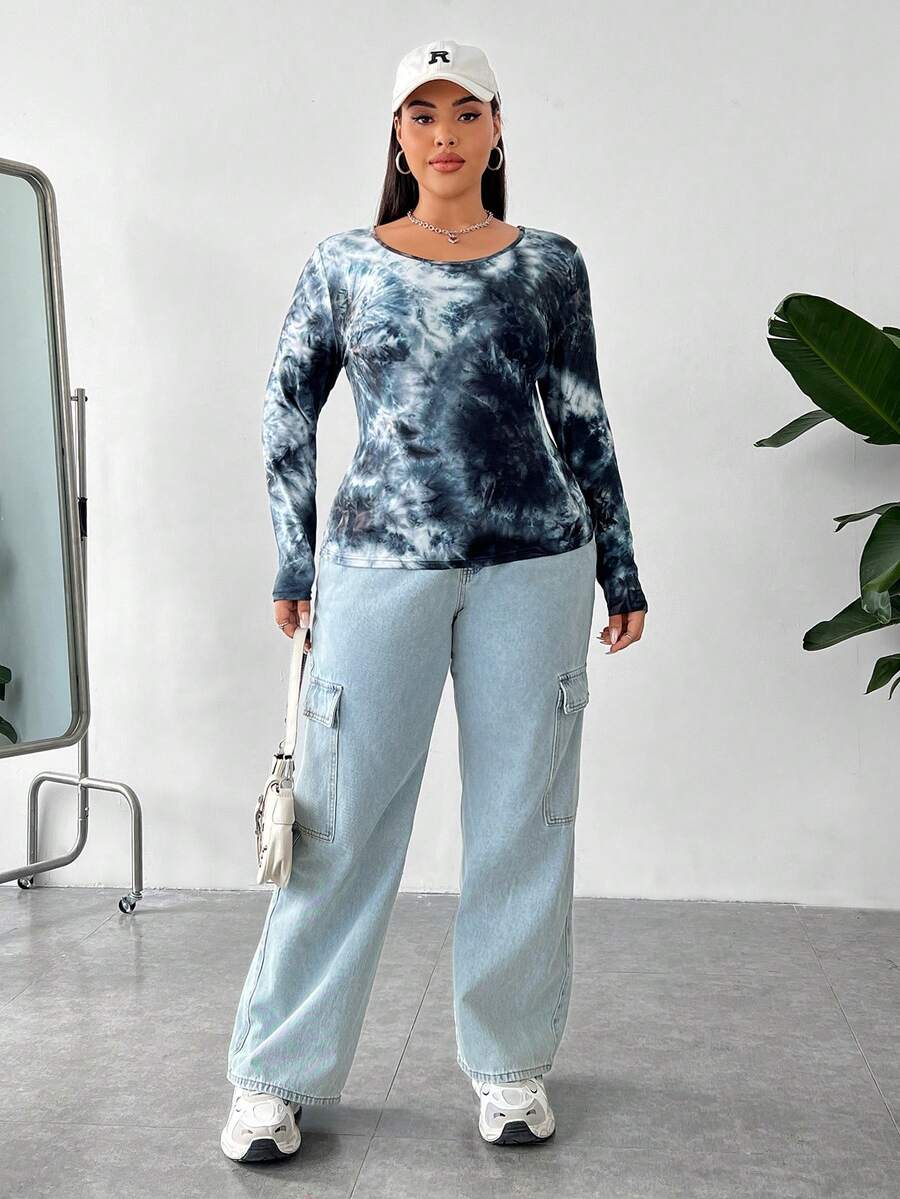 SHEIN EZwear Women's Plus Size Grey Blue Brown White Tie Dye Fabric