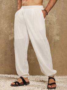 Genlund Quần dài vải lanh sọc dọc thoải mái mùa hè cho nam, quần dài rộng rãi, thoáng khí, màu trắng, quần dài ống rộng, quần trắng - trắng - Xem 7