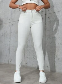 SHEIN PETITE Quần jean nữ Slim Fit thông thường và đa năng có túi - trắng - Xem 5