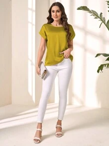 EMERY ROSE Áo sơ mi tay cánh dơi họa tiết da báo cho nữ, Áo sơ mi giáo viên mùa hè Áo sơ mi da báo cho nữ, Áo tay ngắn - Màu vàng - Xem 5