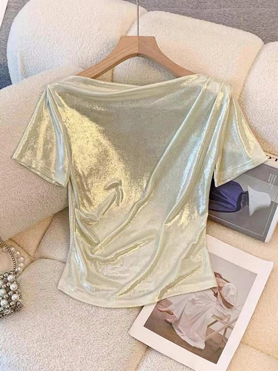 Chiquease 女性夏季優雅迷人的船領褶皺T卹 - 杏色 - 查看 1