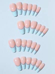 升级您的外观，24 件长棺材极简风格浅蓝色法式尖头按压指甲中号带闪光全贴合设计亚克力假指甲套装，包含 1 件果冻胶和 1 件指甲锉，法式尖头指甲适合女性和女孩，日常生活和派对使用指甲用品 - 彩色 - 查看 4