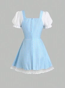 Sweetra 女士簡約日常方領泡泡袖連衣裙 - 藍白色 - 查看 2
