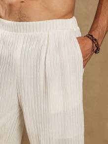 Genlund Quần dài vải lanh sọc dọc thoải mái mùa hè cho nam, quần dài rộng rãi, thoáng khí, màu trắng, quần dài ống rộng, quần trắng - trắng - Xem 2