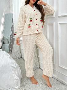Women's Cherry Decor Long Sleeve Long Pants Pajama Set - Apricot - View 7