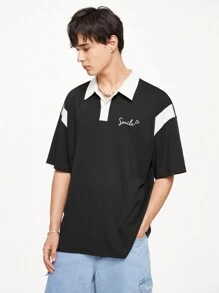 Chillumni Áo thun polo công sở ngắn tay mùa hè dành cho nam có chữ màu tương phản Back To School - Đen và trắng - Xem 3