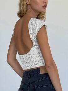 Siren Gaze Camiseta brillante de manga corta y espalda descubierta para mujer - Plateado - Ver 2