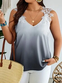 SHEIN Holidaya Plus Size Vacation Leisure Embroidery Patchwork Ombre Tank Top Graphic Tees Women Tops - Black and White - View 1