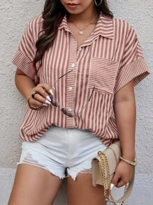 Calvaya Áo sơ mi tay ngắn in họa tiết sọc đơn giản cỡ lớn dành cho nữ mặc hàng ngày, mặc vào mùa hè - Đỏ và trắng - Xem 1