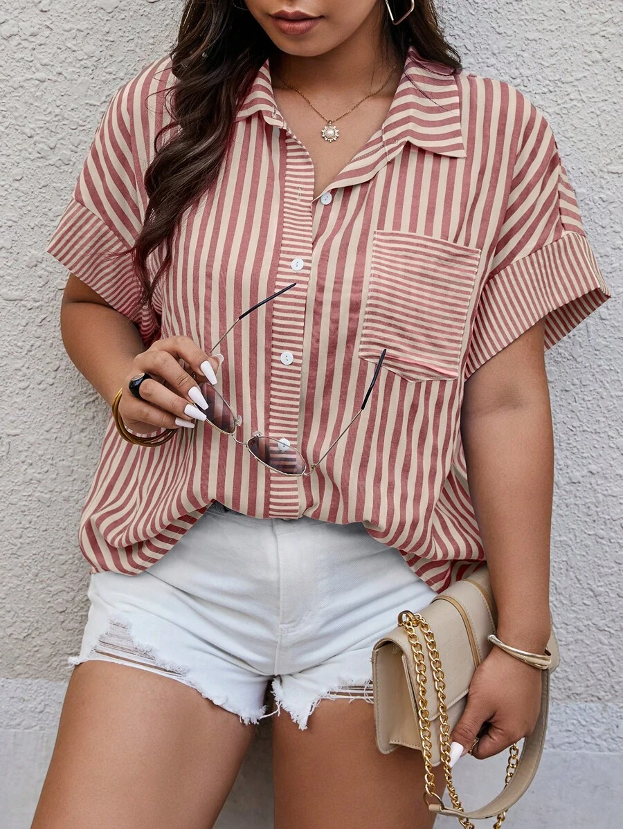 Calvaya Áo sơ mi tay ngắn in họa tiết sọc đơn giản cỡ lớn dành cho nữ mặc hàng ngày, mặc vào mùa hè - Đỏ và trắng - Xem 1