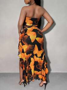 SHEIN SXY Vestido elegante de estilo bandeau con estampado de mariposas de verano, con volantes y abertura alta para un ajuste esbelto