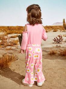 SHEIN 2pcs Baby Girls Pink Long Sleeve Bodysuit And Sunflower Print Pants Set For Autumn - Pink - View 2