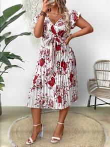SHEIN Clasi Gaun Kasual Musim Panas Ukuran Besar dengan Motif Bunga, Hem Bergelombang, dan Hiasan Rumbai - Red and White - View 4