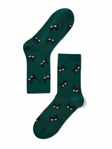 Cherbear Studio 艺术家深色趣味黑猫图案中筒袜，节日 - 彩色 - 查看 2