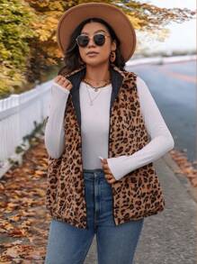 SHEIN VCAY Plus Size Leopard Print Warm Fleece Padded Vest Jacket For Holiday - Multicolor - View 7