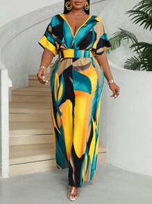 Maweii 大码女式花卉印花 V 领蝙蝠袖休闲长款连体裤，适合度假、夏季 - 彩色 - 查看 1