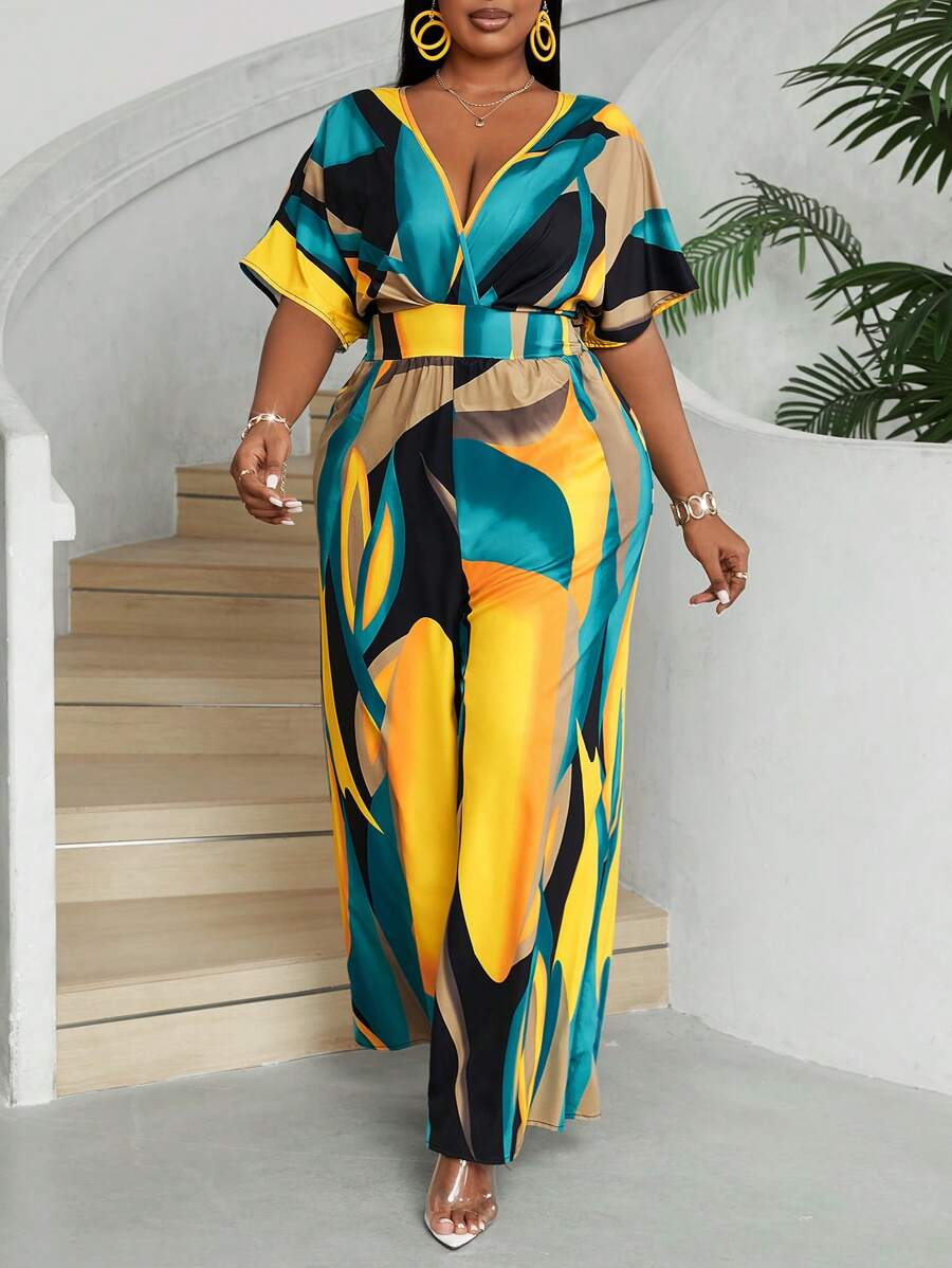 Maweii 大码女式花卉印花 V 领蝙蝠袖休闲长款连体裤，适合度假、夏季 - 彩色 - 查看 1