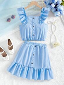 SHEIN Tween Girl Ruffle Trim Top & Skirt