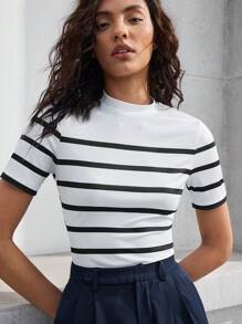 BizChic Women's Striped Mock Neck Short Sleeve Fitted T-Shirt, Elegant Fashion Business Casual Wear For Urban Commute, Suitable For Teachers, Office, School, Outings, Basic Top