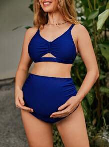 SHEIN 孕妇纯色简约日常比基尼套装，孕妇泳衣夏季 - 藏蓝色 - 查看 6