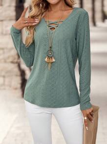 EMERY ROSE Women's Spring/Summer Solid Color Cross Neck Long Sleeve Casual T-Shirt - Green - View 5