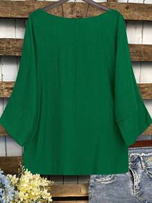EMERY ROSE Blusa de vacaciones y tiempo libre de manga tipo murciélago de unicolor en talla grande - Verde - Ver 2