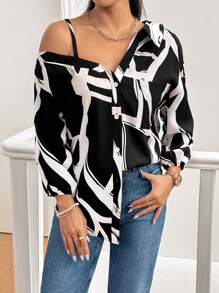 SHEIN Essnce Camicia asimmetrica in stile casual e di strada di nuova moda per donna, con bottoni, adatta per la primavera, l estate o l autunno, outfit da crociera o abbigliamento da insegnante