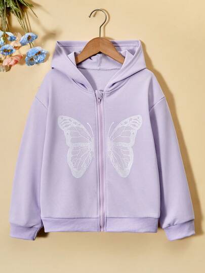Sparklyn Sudadera con capucha con impresión de mariposa rosa y apertura con cremallera para niña preadolescente