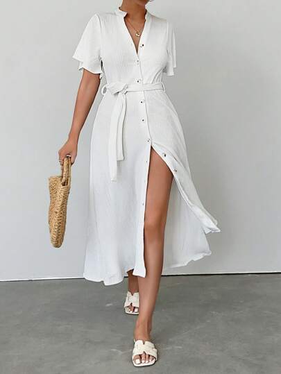 EURMUSE Ruffle Sleeve Crew-Neck Buttoned Maxi Dress With Shell Belt