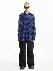 Manfinity VCAY Men's Street Woven Logo Ink Printed Plaid BOXY Long Sleeve Shirt, Suitable For Autumn And Winter Fashion - Blue - View 3