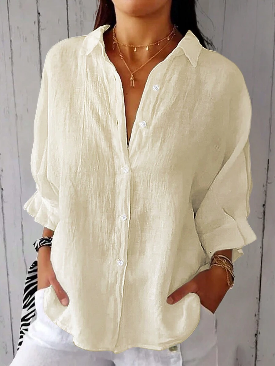 Women's Solid Color Batwing Sleeve Loose Casual Shirt, Spring/Summer - Apricot - View 1