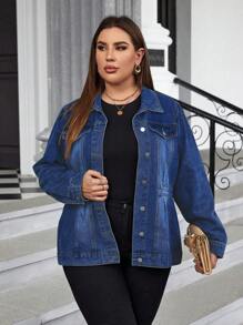 EMERY ROSE Plus Size Women's Plain Simple Daily Wear Long Sleeve Denim Jacket Elegant - Dark Wash - View 3