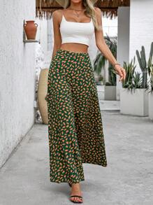 SHEIN LUNE 女士高腰寬腿鬆身休閒長褲，隨機印花設計可裁剪 - 綠色 - 查看 6