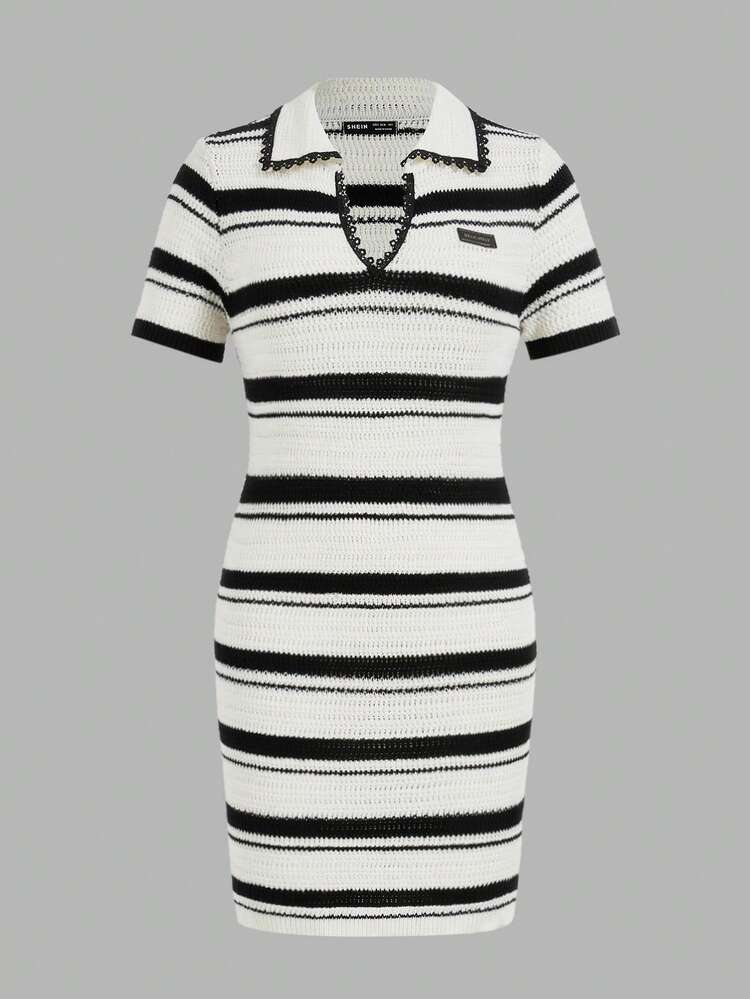 SHEIN Maija Vestito Maglione colletto a righe bianco e nero a mezza patella manica corta per donne