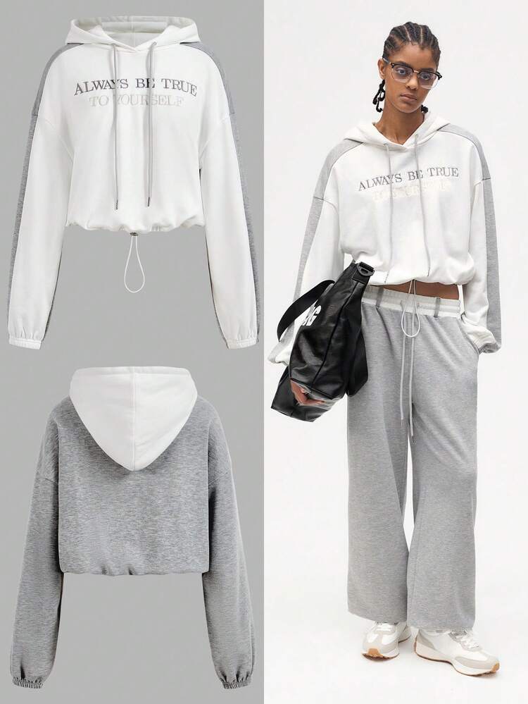 SHEIN Maija Slogan Graphic Drop Shoulder Drawstring Hoodie Sweatshirt ALWAYS BE TRUE TO YOURSELF