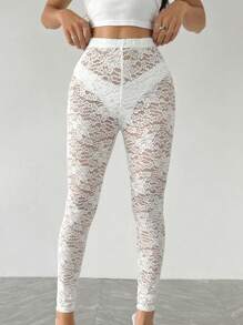 SHEIN Unity 白色蕾丝设计性感女士紧身裤 - 白色 - 查看 4