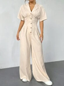 Flirla 女式翻領短袖純色鈕釦連體褲，優雅時尚，潮流酷感