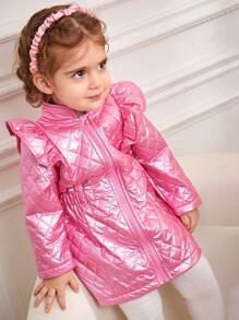 SHEIN Baby Girl Autumn And Winter Fashionable Padded Coat With Cap Sleeves - Pink - View 4