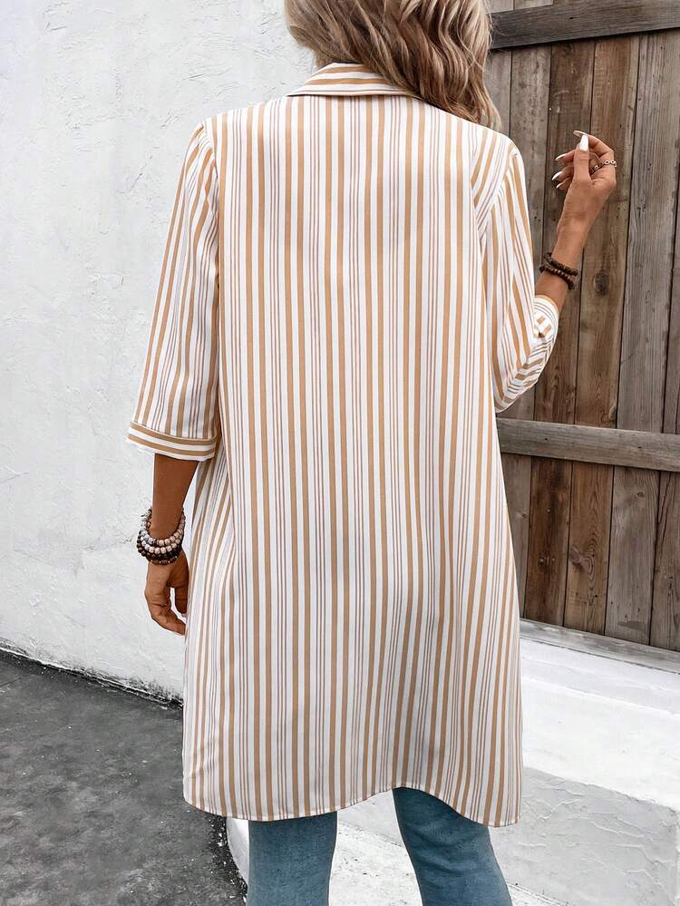 Women's Single-Breasted Half Sleeve Striped Casual Fashion Jacket, Suitable For Vacation