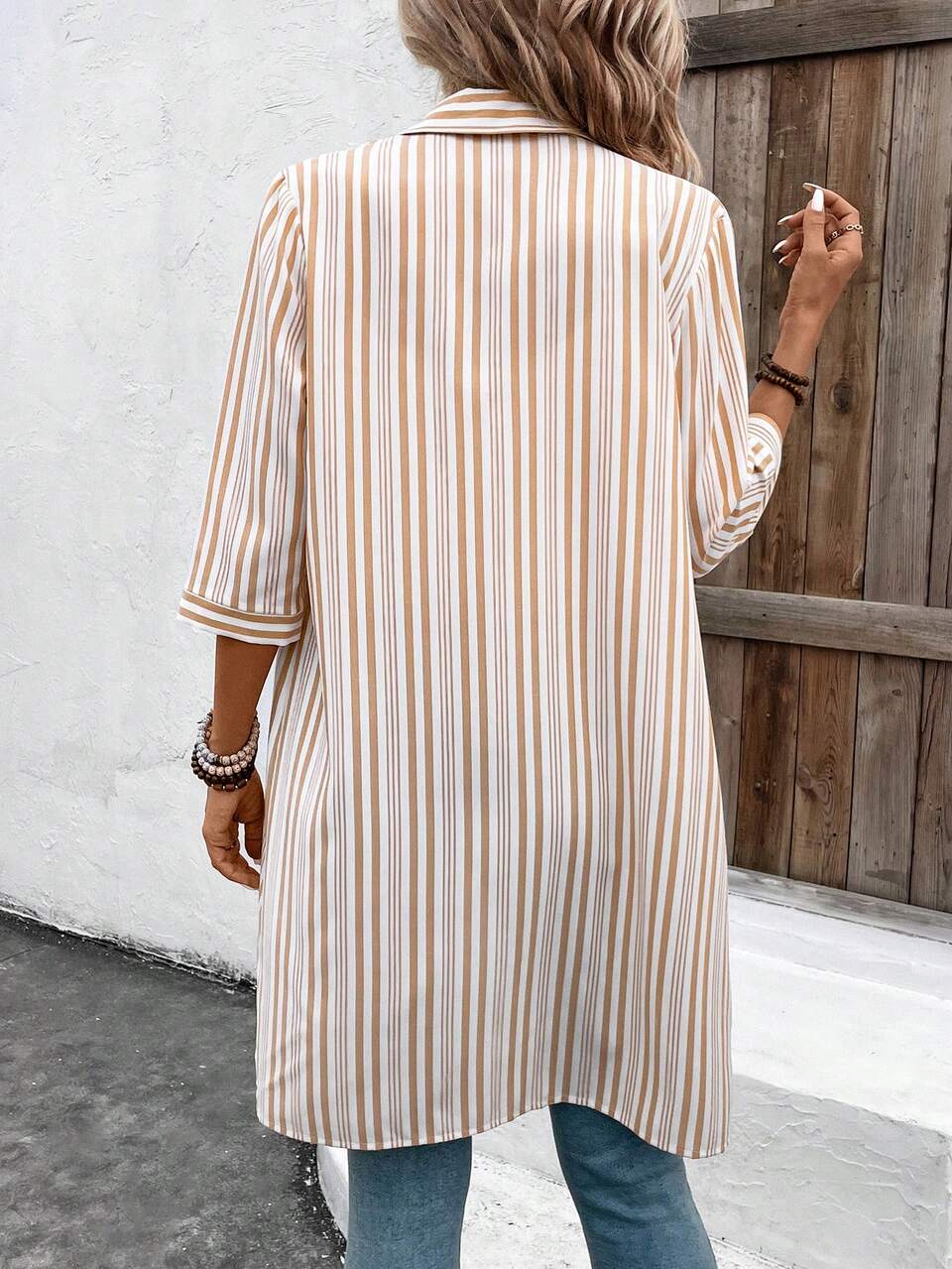 Women's Single-Breasted Half Sleeve Striped Casual Fashion Jacket, Suitable For Vacation