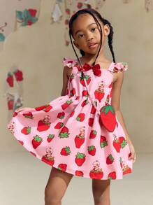 Strawberry Shortcake X SHEIN Vestido lindo y dulce de niña joven con estampado de fresa y una bolsa de hombro con dibujos animados - Rosado Sandía - Ver 10