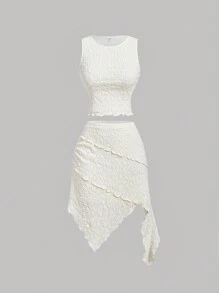 SHEIN 少女夏季針織提花無袖上衣及不對稱裙子套裝，米色 - 米色 - 查看 1