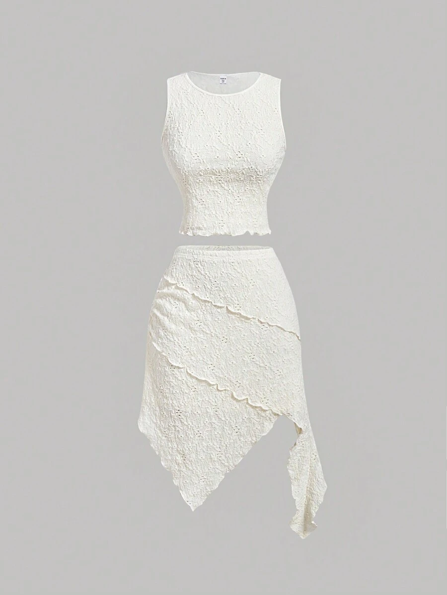 SHEIN 少女夏季針織提花無袖上衣及不對稱裙子套裝，米色 - 米色 - 查看 1