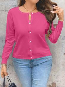 Plus Size Women's Solid Color Simple Daily Long Sleeve Cardigan, For Winter Fall Cloth For Women Autumn - Hot Pink - View 3