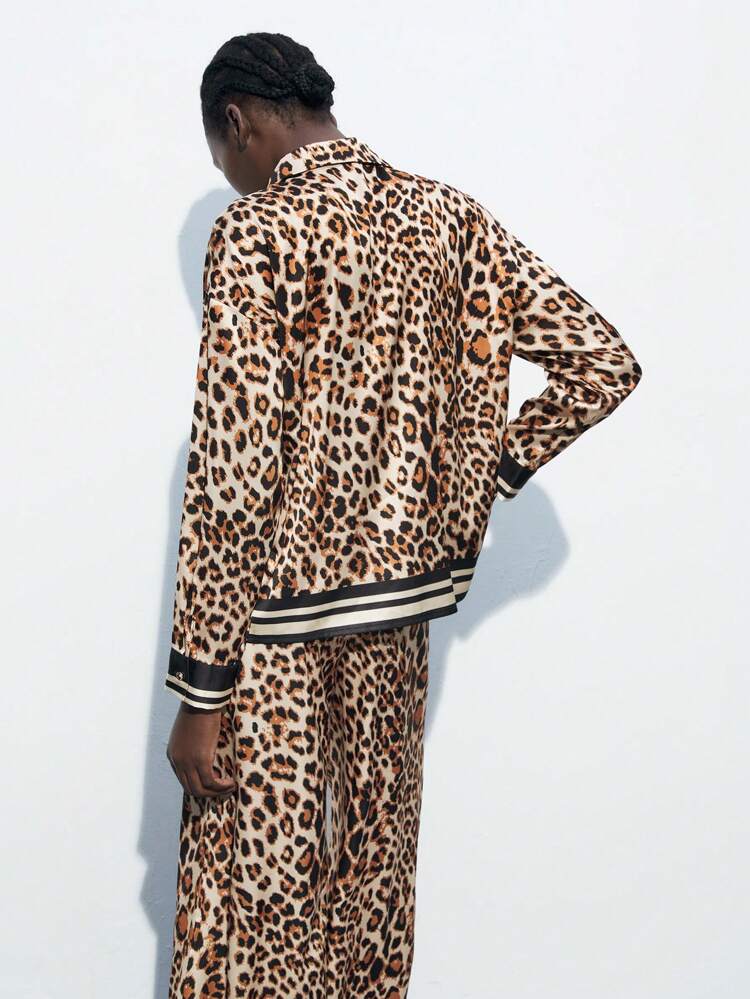 SHEIN Maija Women's Multi-Color Animal Print Button Front Casual Modern Shirt, Leopard And Striped Pattern, Long Sleeve, Leisure Urban Chic
