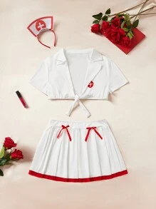 مجموعة ملابس دور الممرضة الجنسية بحجم إضافي تُتيح اللعب بالأدوار بما في ذلك البرا، الجيبة والغطاء - أبيض - مشاهدة 1