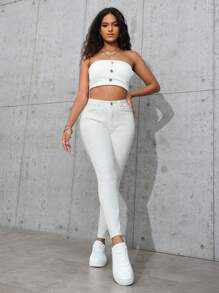 SHEIN PETITE Quần jean nữ Slim Fit thông thường và đa năng có túi - trắng - Xem 4